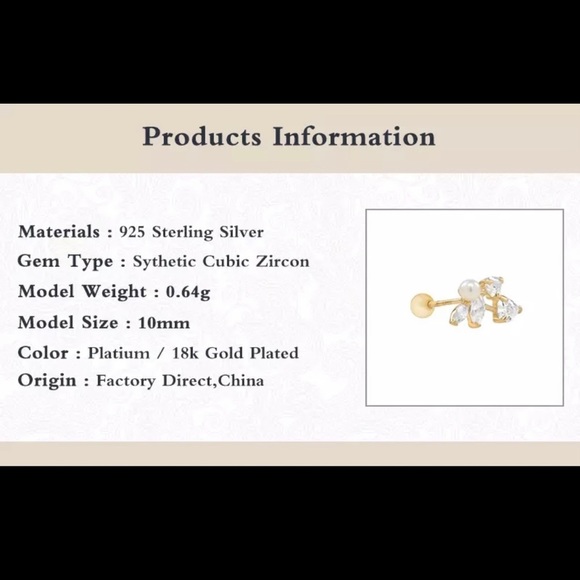 Edwina Pearl Marquise Crystal CZ 18k Gold Plated S925 Pierced Stud Earring 1pc - Picture 2 of 7